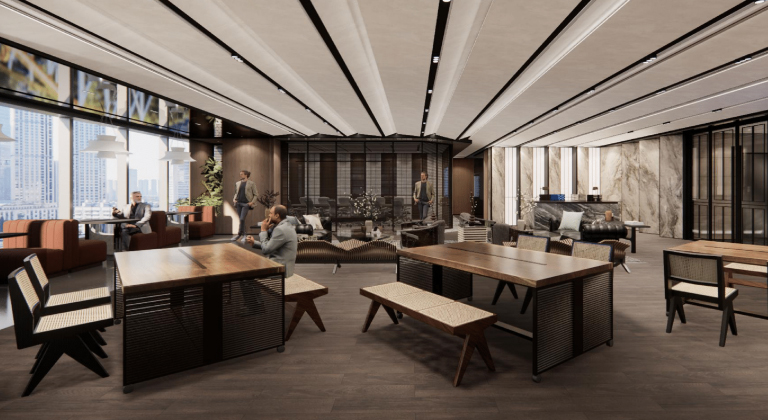 Business lounge at IOI Central Boulevard Towers with professionals networking
